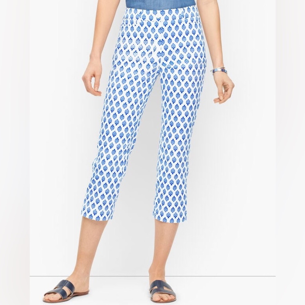 Blue and White Printed Capri Pants